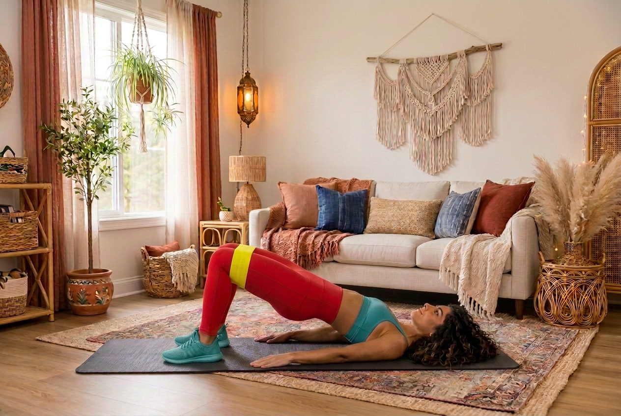 Person doing a glute bridge with a resistance band at home